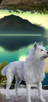 White wolf in serene mountain landscape with teal lake.