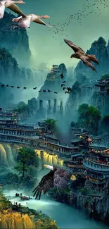 Serene wallpaper of mountains and flying birds over lush landscape.