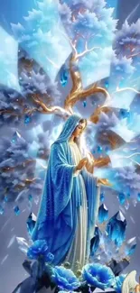 Mystical blue wallpaper with divine figure and celestial elements.