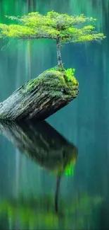 A lone tree on a rock reflected in calm waters, creating a serene and peaceful scene.