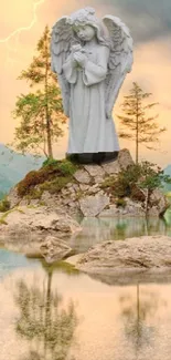 Angel statue in a serene mountain landscape with reflective lake.