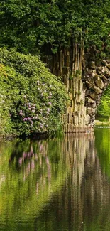 Calming nature wallpaper with stone arch over a reflective lake.