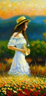 Woman in white dress with hat in a colorful field.