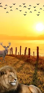 Lion and deer in a golden sunset meadow with a warm, serene atmosphere.