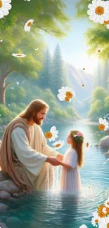 Serene baptism scene with nature backdrop on mobile wallpaper.