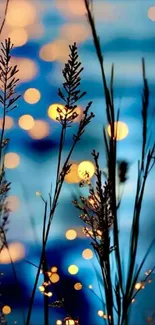 Serene nature bokeh wallpaper with lights and silhouettes.