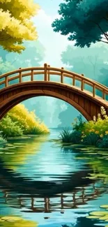 Wooden bridge over serene river in nature scenery.