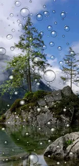 Scenic island with trees and bubbles on lake.