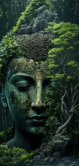 Buddha head intertwined with nature in a serene wallpaper.