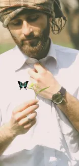 Close-up of butterfly perched on a man's hand in a serene outdoor setting.