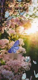 Blue butterflies on pink blossoms in sunlit nature scene.