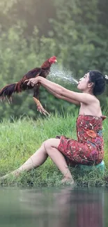 Woman and rooster by serene lake in nature setting.