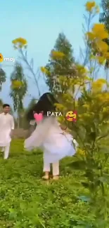 Couple enjoying nature in green field with yellow flowers.