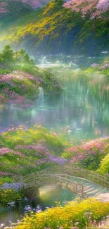 Serene landscape with lush greenery and colorful flowers by a peaceful stream.