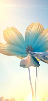 Surreal artwork with a flower and fish against a sunny sky.