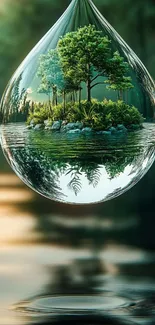 Lush forest encapsulated in a water droplet reflecting a tranquil scene.