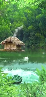 Serene lake with hut and swan in lush green forest wallpaper.