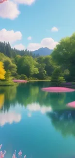 Serene lake with lush greenery and blossoms under a blue sky.