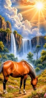 Majestic horse grazing in front of vibrant waterfalls