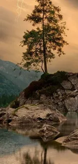 Serene landscape with lone tree and lightning sky over a calm lake.