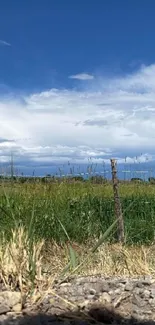 Serene landscape with blue sky and green field under white clouds.