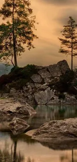 Serene landscape with trees and a rocky reflection in calm water.