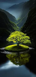 Lone green tree in serene lake landscape.