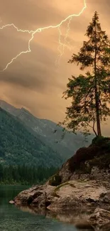 Serene landscape with tree and lightning over a lake.