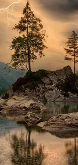 Tranquil nature scene with lightning and trees by a lake.