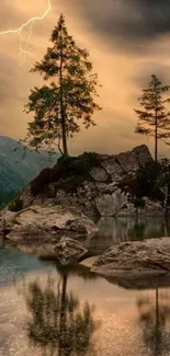 Serene natural landscape with trees and lightning over a calm reflective lake.