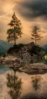 Serene lake scene with lightning and trees.