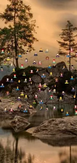 Nature landscape with meditating figures on rocks.