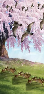 Cherry blossoms with birds and deer on a sunny hill.