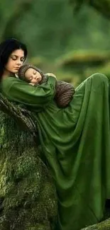 Mother and child resting in serene green nature.