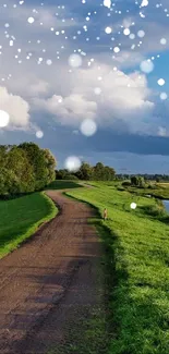 Serene nature path with lush greenery and vibrant sky on mobile wallpaper.