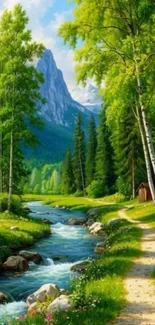 Lush green forest path with flowing stream and mountains.