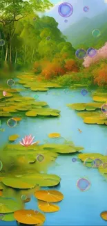 Serene wallpaper of a pond with lotus and bubbles.