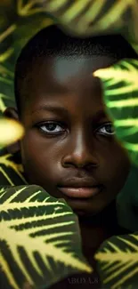 Portrait of a boy surrounded by lush green leaves.