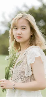 Woman with flowers in a lush green setting.