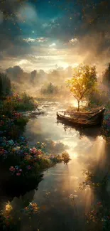 A serene nature scene with a boat and vibrant flowers reflecting on calm waters.