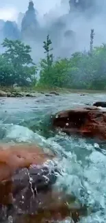 Misty river with lush green trees and rocks.