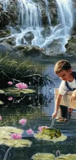 Boy by a serene lotus pond with a waterfall.