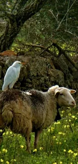 Sheep with bird on back in a lush green pasture, under trees.