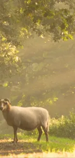 Sheep in a sunlit forest clearing wallpaper with golden hues.