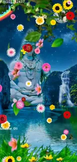 Mobile wallpaper with Lord Shiva, nature, flowers, and a cascading waterfall scene.