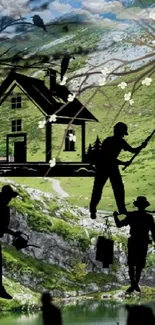 Silhouette art on a green landscape with a house and people.