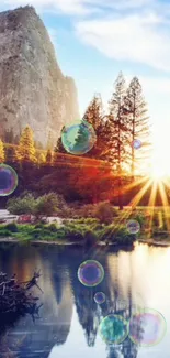 Sunrise over mountain and lake with colorful bubbles in serene nature scene.