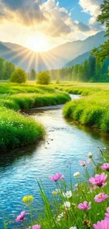Serene sunrise over a lush landscape with a flowing stream.