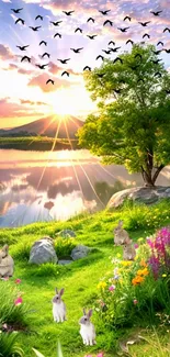 Serene lakeside at sunrise with rabbits and vibrant flowers.