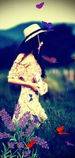 Woman walking in nature surrounded by butterflies and flowers.